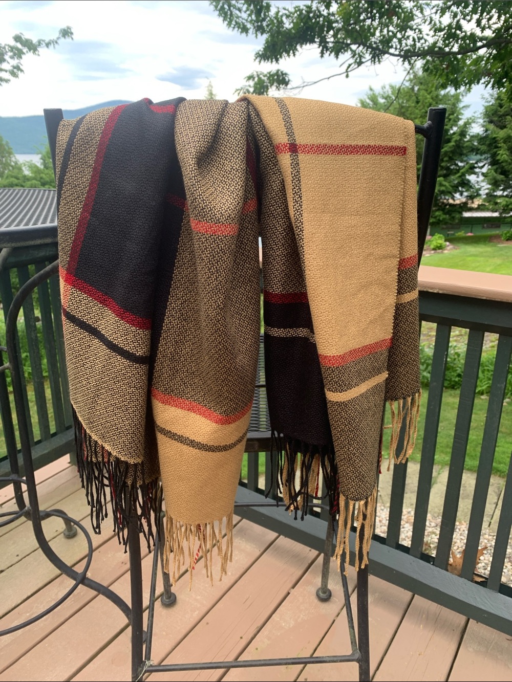 Wide Striped Fringe Wrap Scarf in Tan, Black & Red